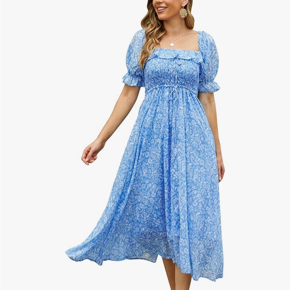 Sky Blue Floral Square-Neck Maxi Dress with Puff Sleeves - Picture 4 of 11